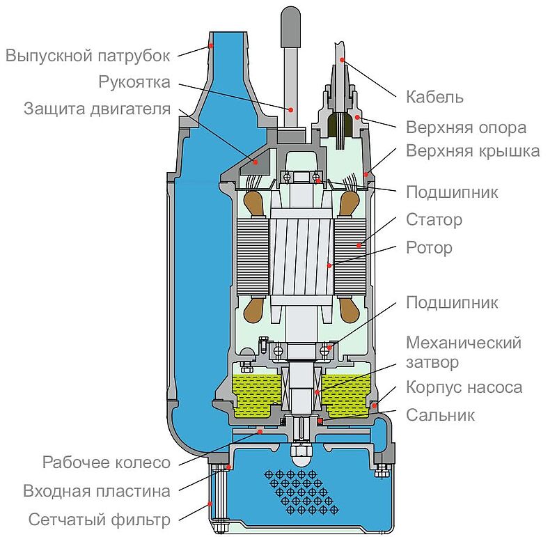 Разрез Tsunami KTZ: полуоткрытое колесо, износостойкая пластина, двойное уплотнение вала