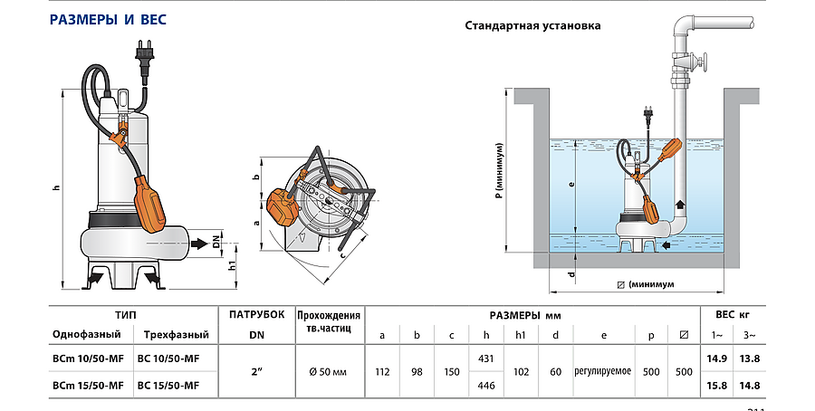 Габаритный чертёж Pedrollo BC-MF с таблицей размеров